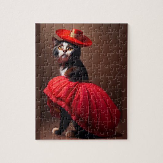 Grappige Schattigee kat met kleding Flamenco stijl Legpuzzel (Verticaal)