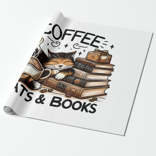 Grappige Schattigee Koffie Katten Boeken Lover Gif Cadeaupapier (Uitgerold)