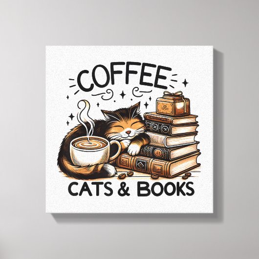 Grappige Schattigee Koffie Katten Boeken Lover Gif Canvas Afdruk (Voorkant)
