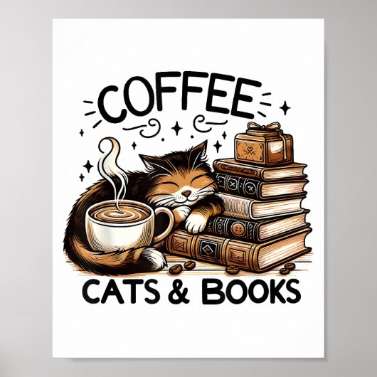 Grappige Schattigee Koffie Katten Boeken Lover Gif Poster (Voorkant)