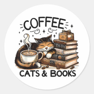 Grappige Schattigee Koffie Katten Boeken Lover Gif Ronde Sticker