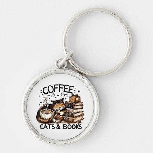 Grappige Schattigee Koffie Katten Boeken Lover Gif Sleutelhanger (Voorkant)