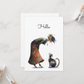 Grappige Schattigeste Hallo kat en dame Kaart (Voorkant / Achterkant in situ)