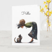 Grappige Schattigeste Hallo kat en dame Kaart (Gele Bloem)