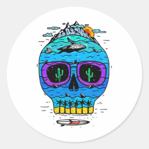 Grappige Schedel Surfvakantie Tropisch Paradijs Ex Ronde Sticker