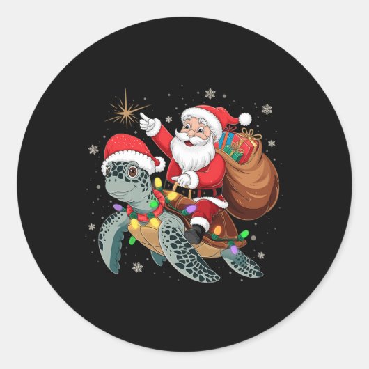 Grappige Schildpad Kerstman Kerst Santa Ridder Zee Ronde Sticker (Voorkant)