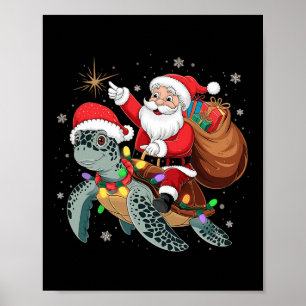 Grappige Schildpad Kerstman Rijden Zee Schildpad X Poster