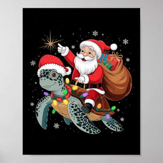 Grappige Schildpad Kerstman Rijden Zee Schildpad X Poster (Voorkant)
