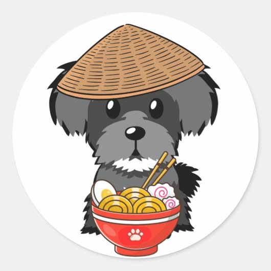 Grappige schnauzer eet noedels ronde sticker (Voorkant)