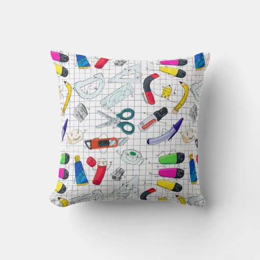 Grappige school benodigdheden personages kussen (Voorkant)