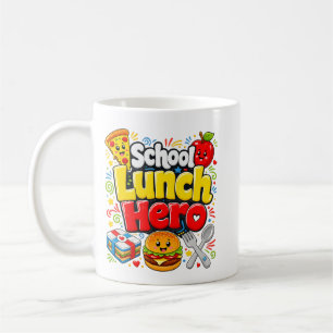 Grappige school lunch held cafetaria werker kinder koffiemok