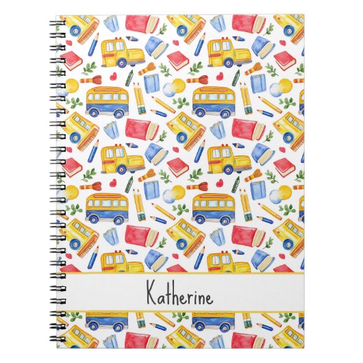 Grappige schoolbus Ga terug naar school naampatroo Notitieboek (Voorkant)