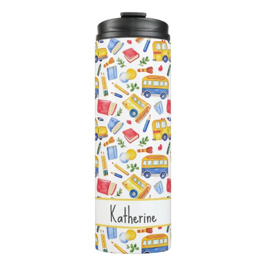 Grappige schoolbus Ga terug naar school naampatroo Thermosbeker (Voorkant)