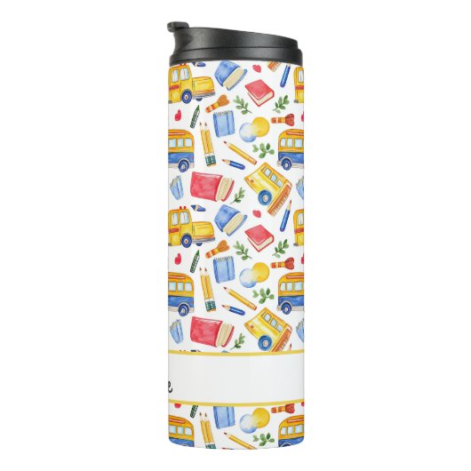 Grappige schoolbus Ga terug naar school naampatroo Thermosbeker (Geroteerd rechts)