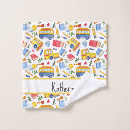 Grappige schoolbus Ga terug naar school naampatroo Washandje