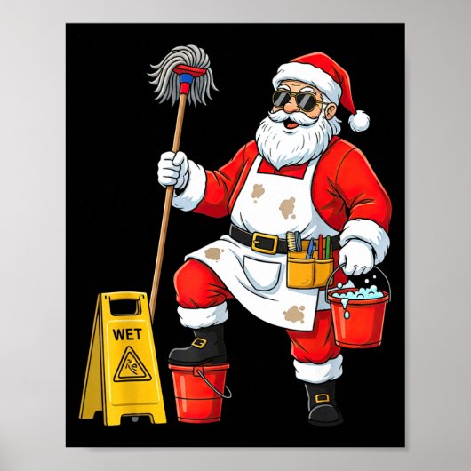 Grappige Schoonmaker Kerstman Kerst Grafisch Schoo Poster (Voorkant)