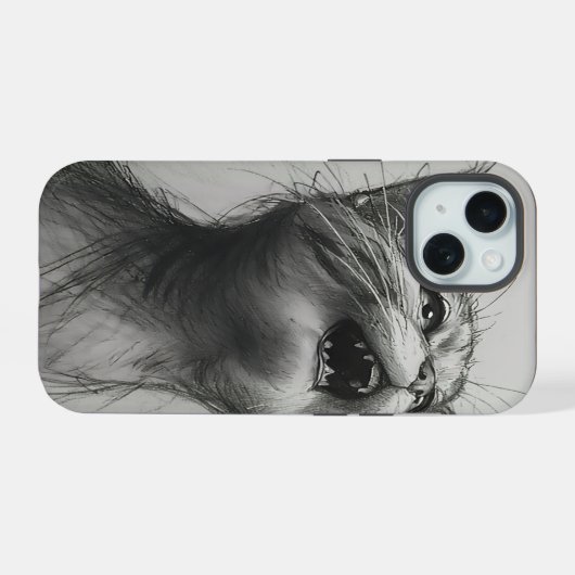 Grappige schreeuwende kat meme zwart en wit iPhone 15 Case (Achterkant horizontaal)