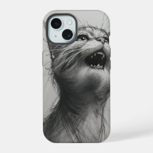 Grappige schreeuwende kat meme zwart en wit iPhone 15 Case