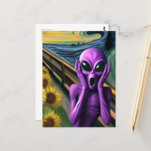 Grappige schreeuwende Paarse Alien Fine Art Parodi Briefkaart
