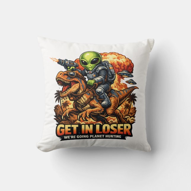 Grappige Sci-Fi Fantasie Meme Kunst, Alien Rijdt o Kussen (Voorkant)