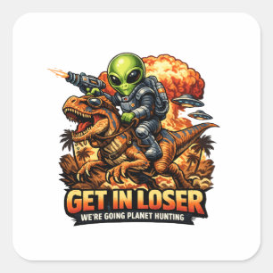 Grappige Sci-Fi Fantasy Meme Kunst, Alien Rijdt Di Vierkante Sticker