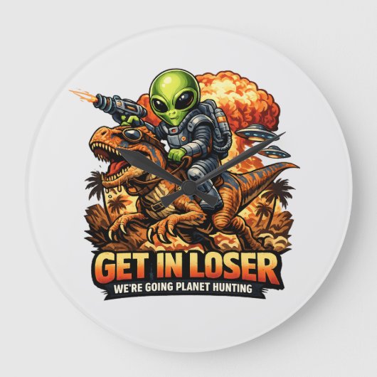Grappige Sci-Fi Fantasy Meme Kunst, Alien Rijdt op Grote Klok (Voorkant)