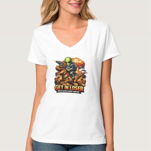 Grappige Sci-Fi Fantasy Meme Kunst, Alien Rijdt op T-shirt (Voorkant)
