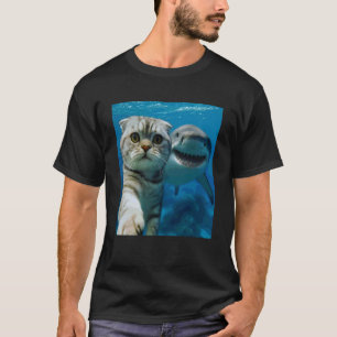 Grappige Scottish Fold Kat Selfie met Haai Oceaan T-shirt