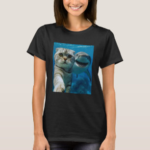 Grappige Scottish Fold Kat Selfie met Haai Oceaan T-shirt