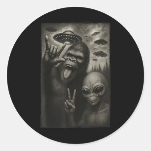 Grappige Selfie Bigfoot Alien Sasquatch Rock On Ha Ronde Sticker