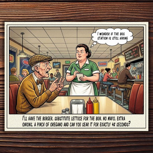 Grappige serveerster leven restaurant humor postk briefkaart