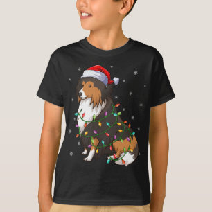 Grappige Sheltie Hond Xmas Verlichting Santa Hoed  T-shirt