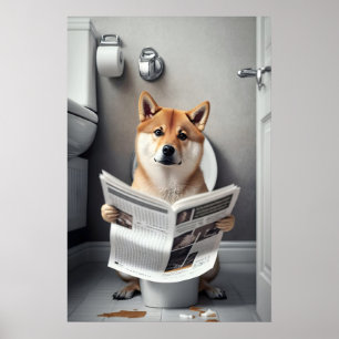 Grappige Shiba Inu-badkamerprint Hond op toilet Poster