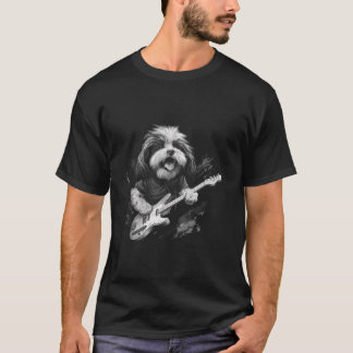 Grappige shih tzu hond spelen gitaar rock lange mo t-shirt