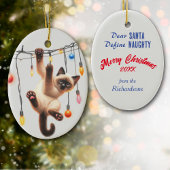 Grappige siamese kat definiëren stoute kerst keramisch ornament