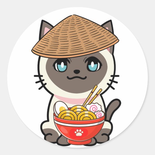 Grappige siamese kat eet noedels ronde sticker (Voorkant)