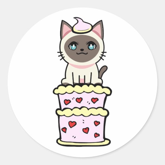 Grappige siamese kat springen uit een taart ronde sticker (Voorkant)