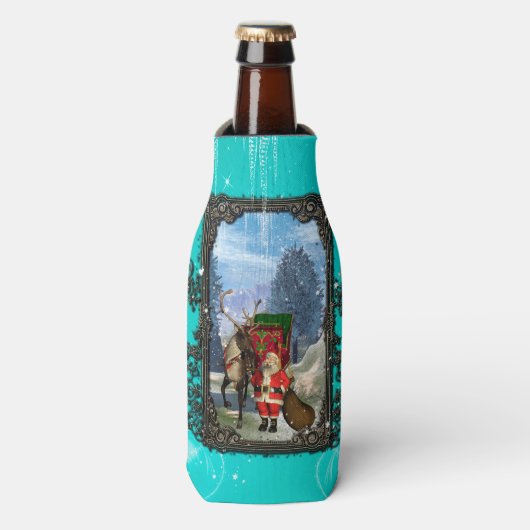 Grappige Sinterklaas met rendieren en slee Flesjeskoeler (Fles Voorkant)