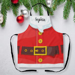 Grappige sinterklaas outfit aangepaste tekst kerst schort<br><div class="desc">Een Funny Christmas schort met Santa's outfit versierd met een zwarte en gouden riem,  witte baard en rode jas. Voeg een naam van aangepaste tekst toe om deze te personaliseren. Perfect voor vakantiebakken,  kerstfeest en meer.</div>