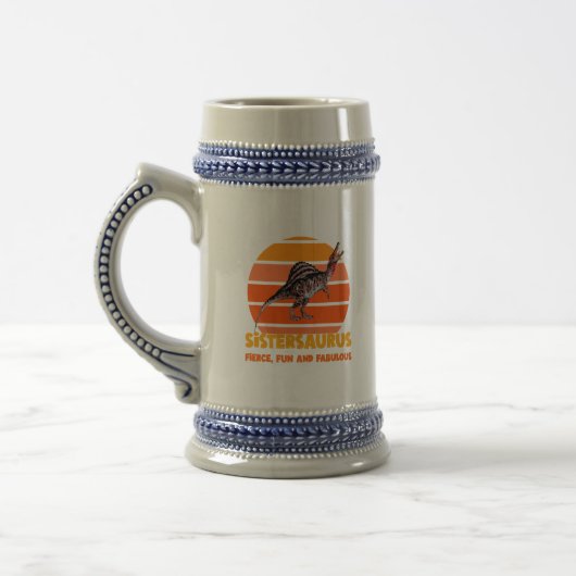 Grappige Sistersaurus Dino Zus Humor Ontwerp Bierpul (Links)