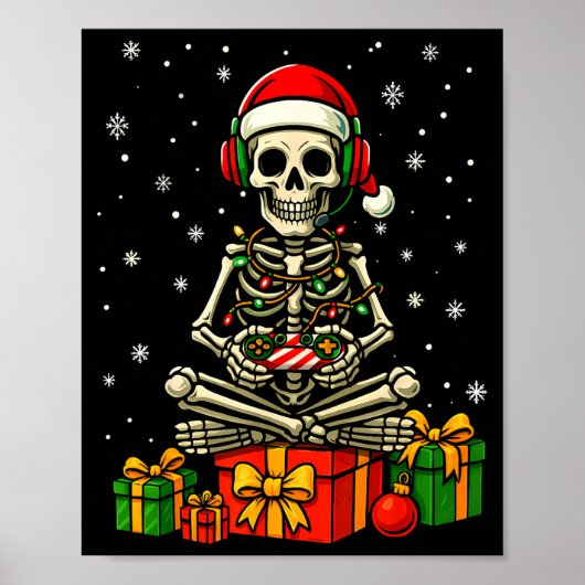 Grappige Skelet Game Controller Kerstlichten Manne Poster (Voorkant)