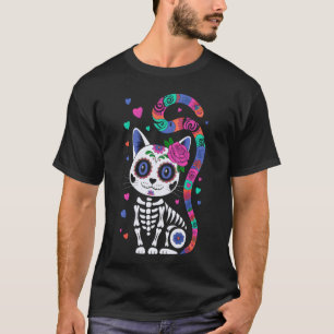 Grappige Skelet Kat Dag van Doden Tattoo Halloween T-shirt