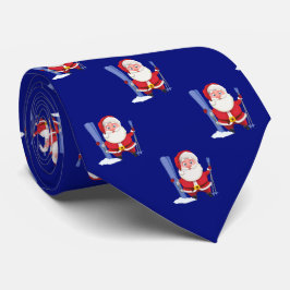 Grappige Skiende Kerstman Cartoon Patroon Navyblau Stropdas