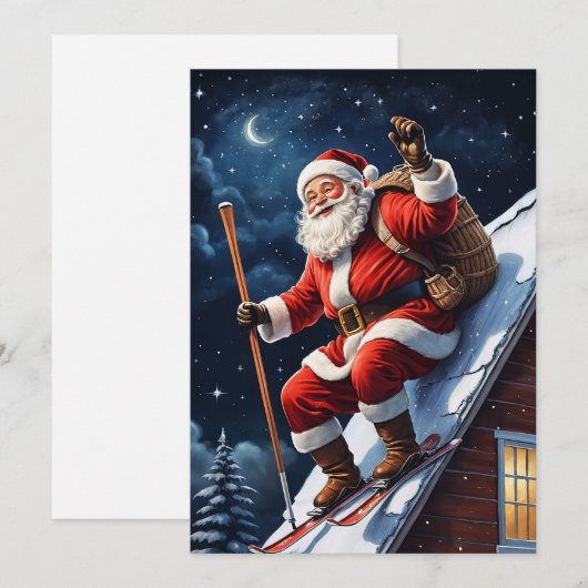 Grappige Skiënde Rode Kerstman  Feestdagenkaart (Voorkant / Achterkant)