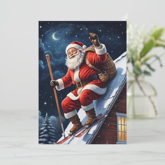 Grappige Skiënde Rode Kerstman Feestdagenkaart (Staand voorkant)