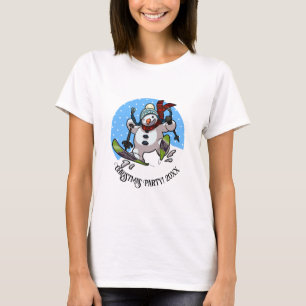 Grappige Skiende Sneeuwman Kerstfeest Party Jaar C T-shirt