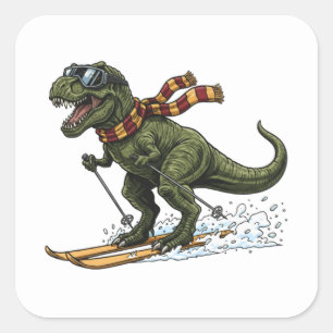 Grappige Skiënde T-Rex Vierkante Sticker