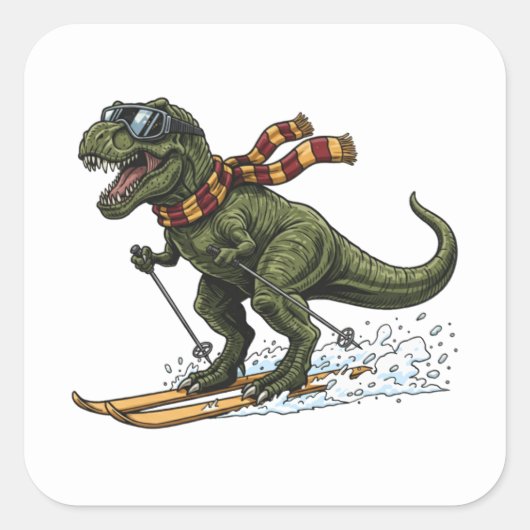 Grappige Skiënde T-Rex Vierkante Sticker (Voorkant)