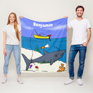 Grappige slapende haai en visvangst cartoon fleece deken