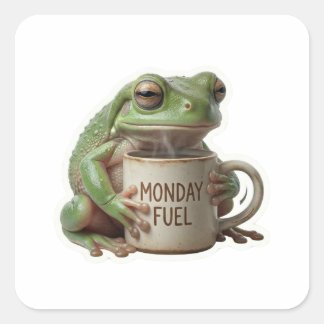 Grappige Slaperige Kikker Die Maandag Koffie Drink Vierkante Sticker
